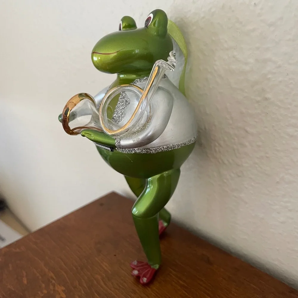 Glass Frog Holiday Christmas Ornament Playing Horn Hand Blown Musical Instrument